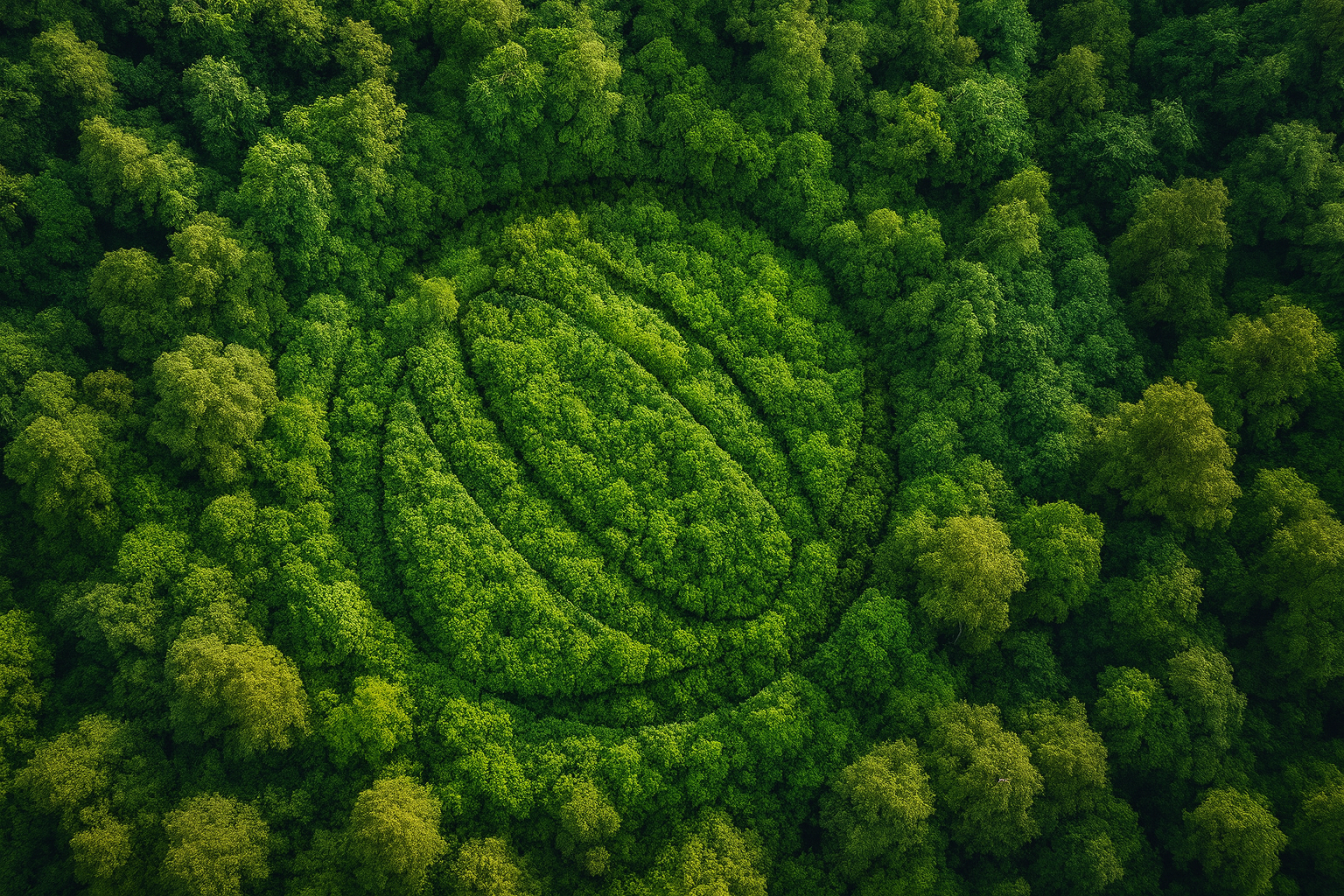 Aerial view of a dense green forest with trees shaped to form the outline of a fingerprint pattern.