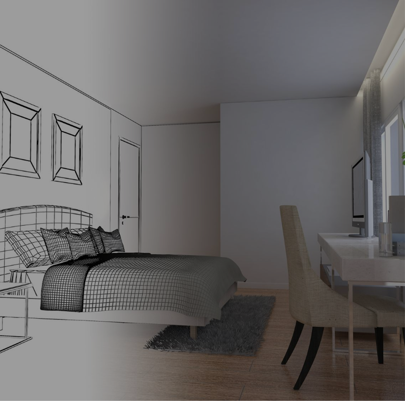 Modern bedroom interior blending a wireframe 3D model on the left with a realistic design on the right, featuring a bed, desk, chair, and window.