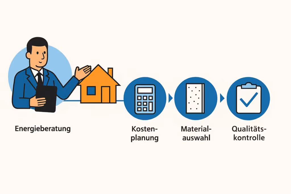 Infografik zeigt Schritt-für-Schritt-Prozess einer Fassadendämmung von der Beratung bis zur Qualitätskontrolle