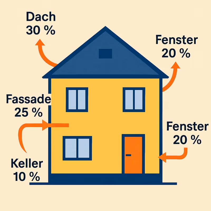 Infografik zeigt prozentuale Wärmeverluste eines Hauses über Dach, Fenster, Fassade und Keller.