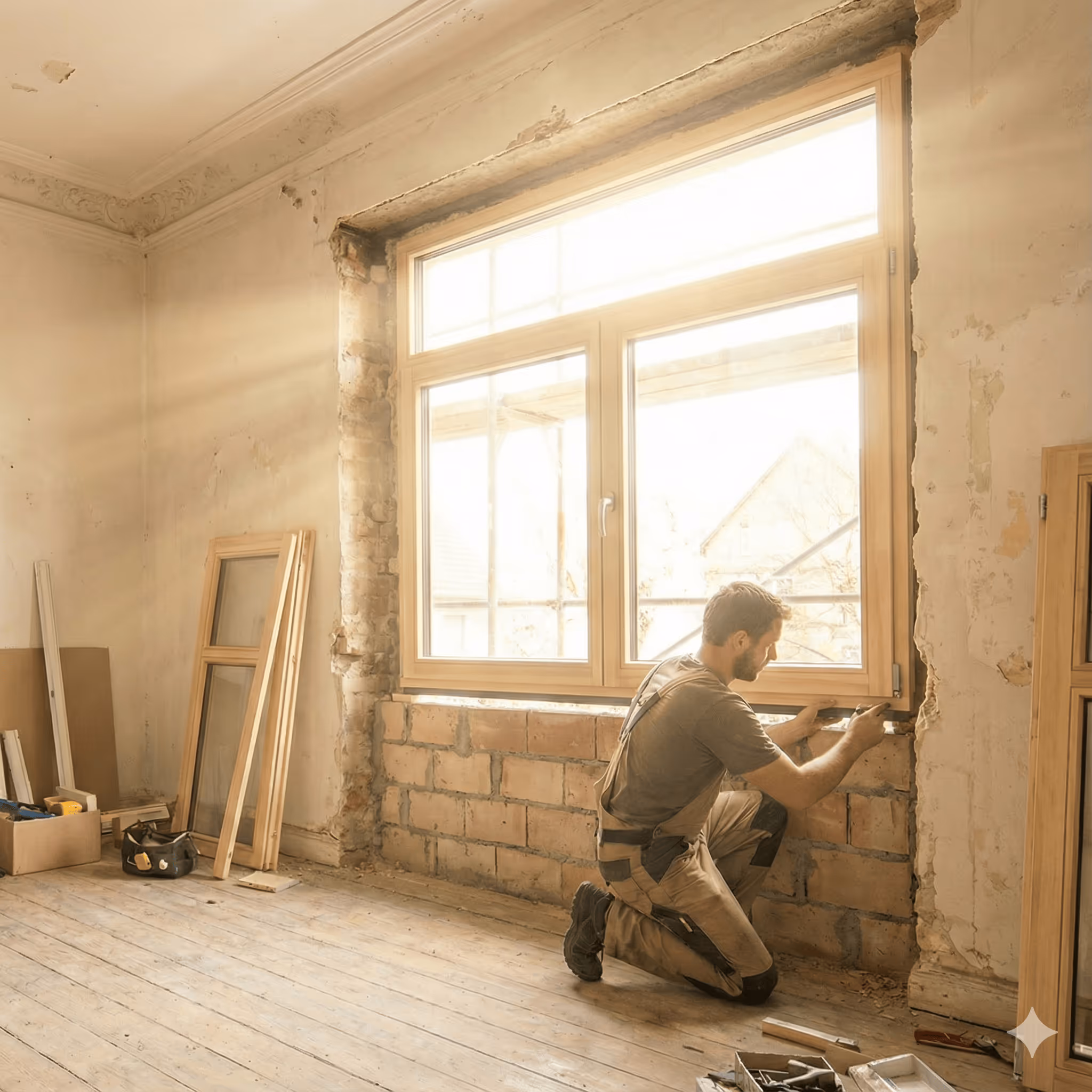 Ein Handwerker kniet vor einem großen Fenster in einem Raum im Umbau und arbeitet am Fensterrahmen.