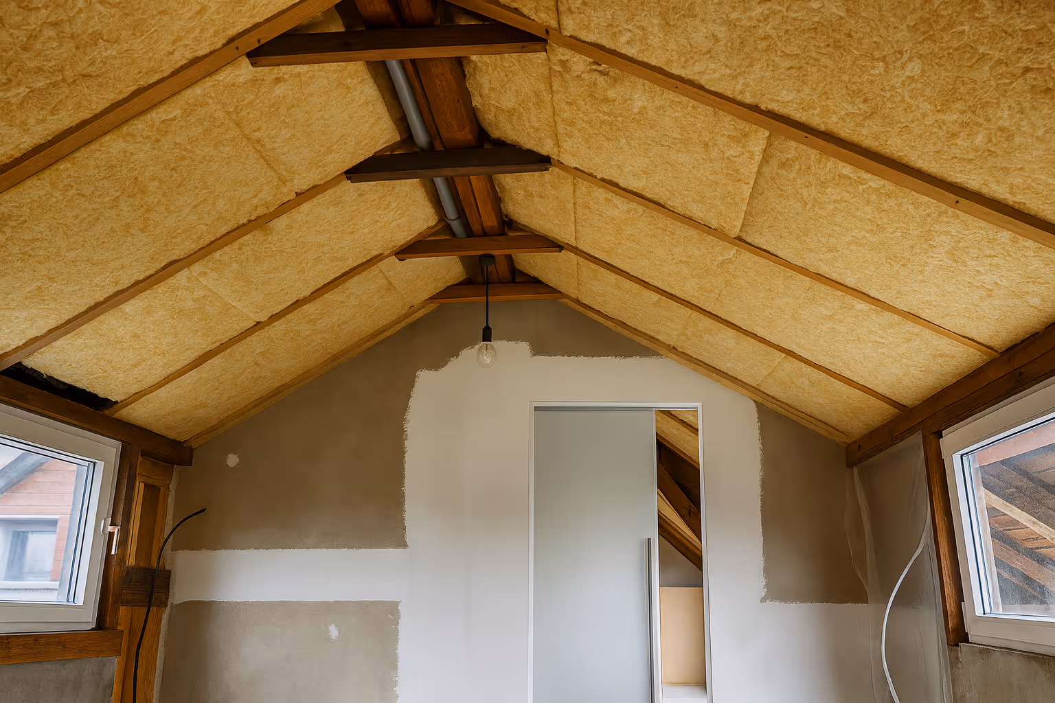 Dachboden mit einer halbfertigen Dämmung an der Decke und unvollständig gestrichenen Wänden mit zwei Fenstern und einer Tür.