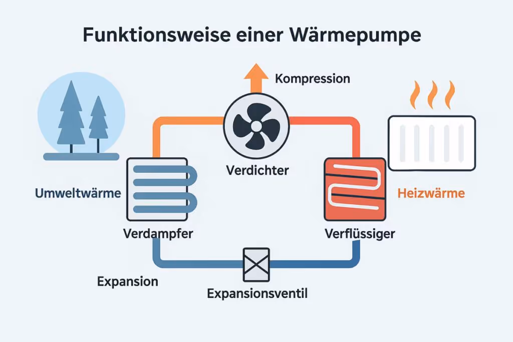 Schematische Darstellung der Funktionsweise einer Wärmepumpe mit Umweltwärme, Verdampfer, Kompressor, Verflüssiger und Heizwärme.