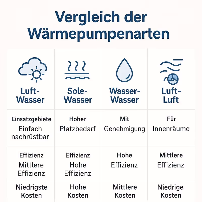 Infografik zum Vergleich von vier Wärmepumpenarten: Luft-Wasser-, Sole-Wasser-, Wasser-Wasser- und Luft-Luft-Wärmepumpe mit Angaben zu Einsatzgebieten, Effizienz und Kosten.