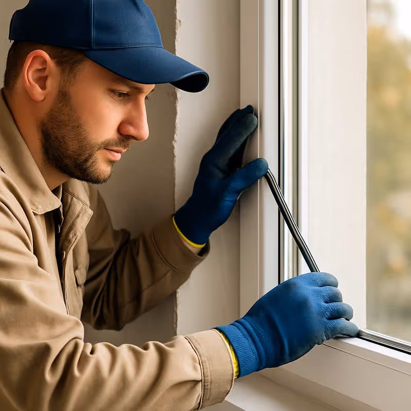 Handwerker bei der professionellen Fensterinstallation mit Fokus auf Abdichtung und Rahmenjustierung