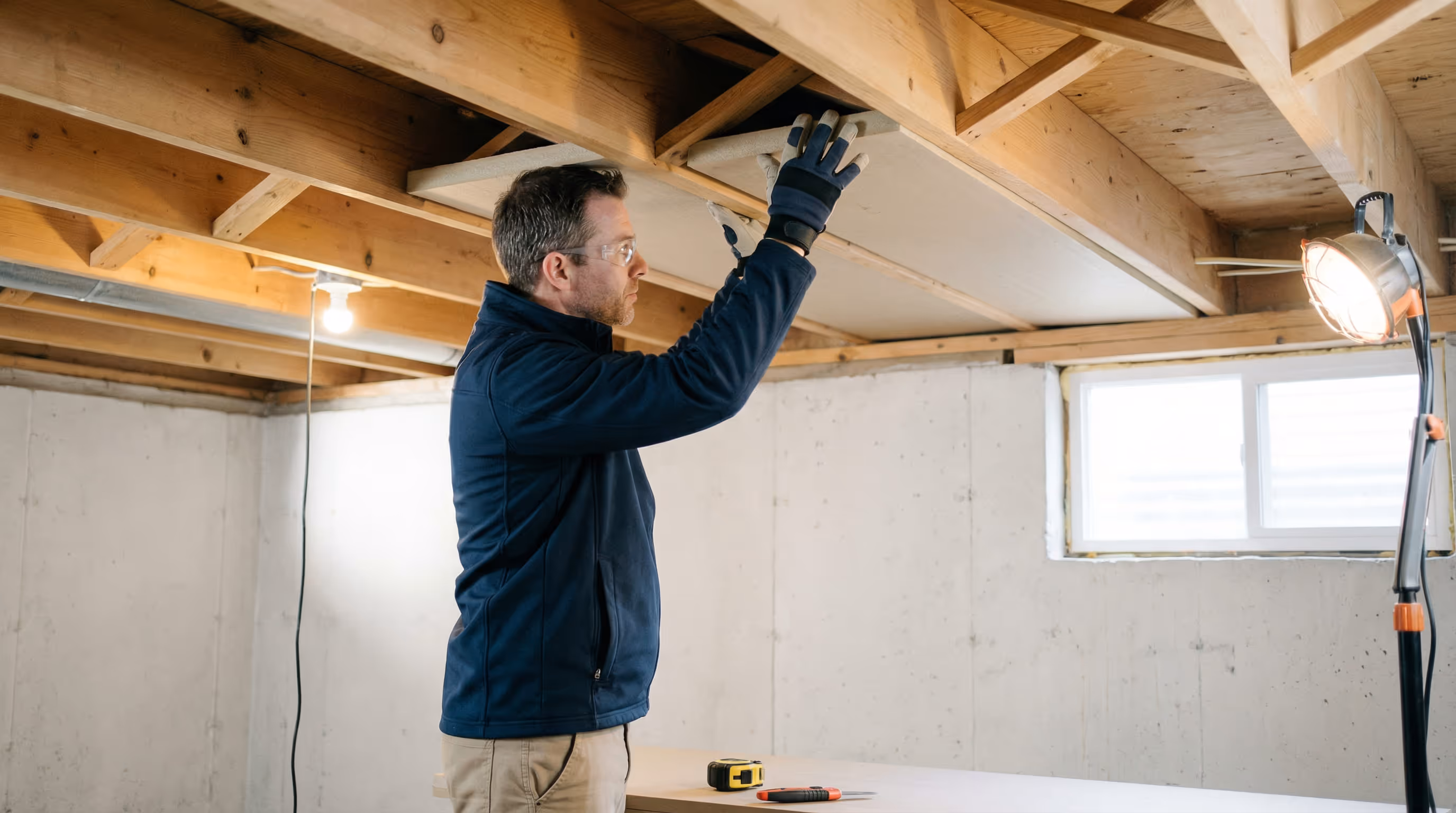 Ein Bauarbeiter installiert saubere Dämmplatten an der Kellerdecke in einem hellen, aufgeräumten Kellerraum.