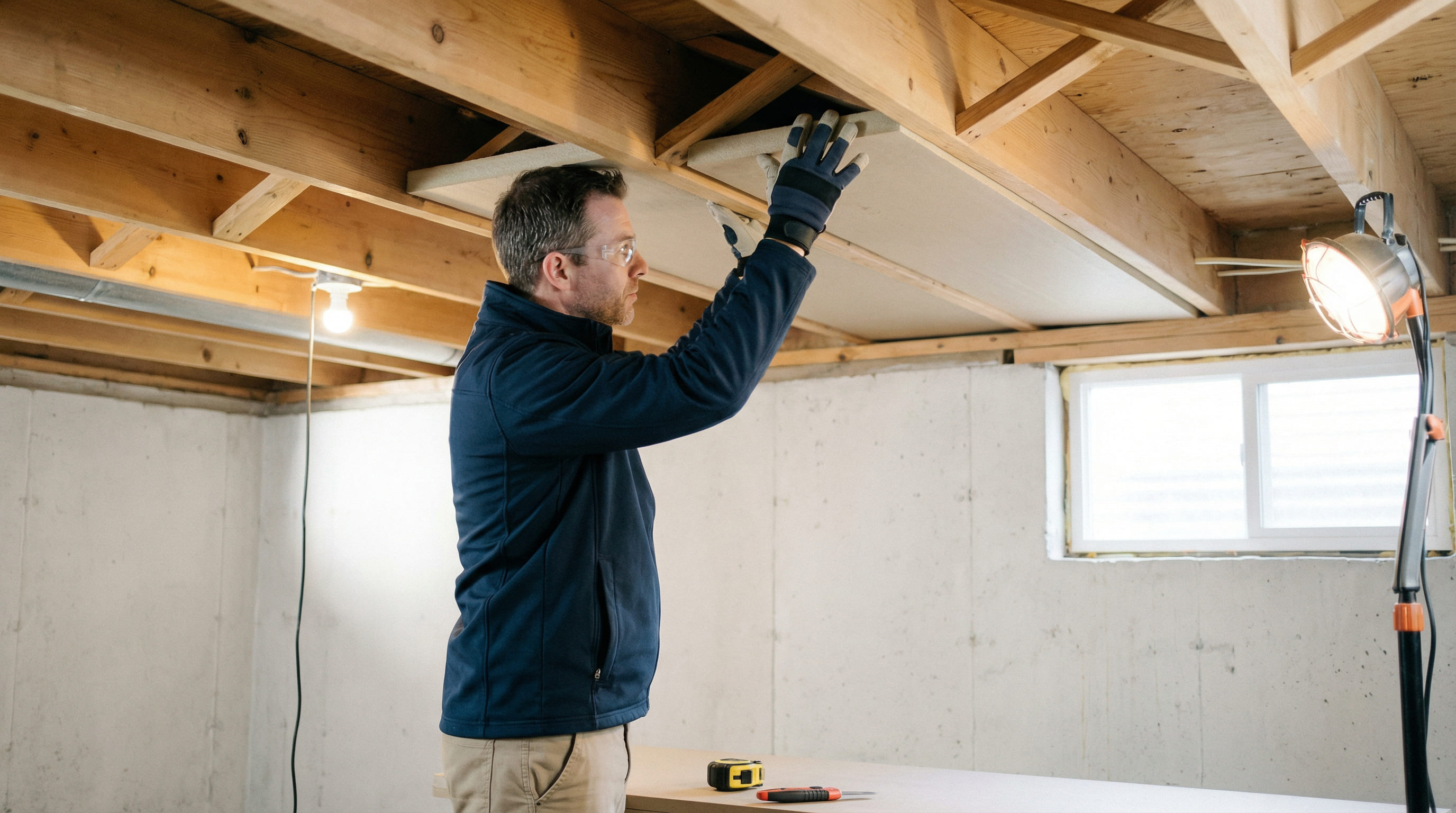 Ein Bauarbeiter installiert saubere Dämmplatten an der Kellerdecke in einem hellen, aufgeräumten Kellerraum.
