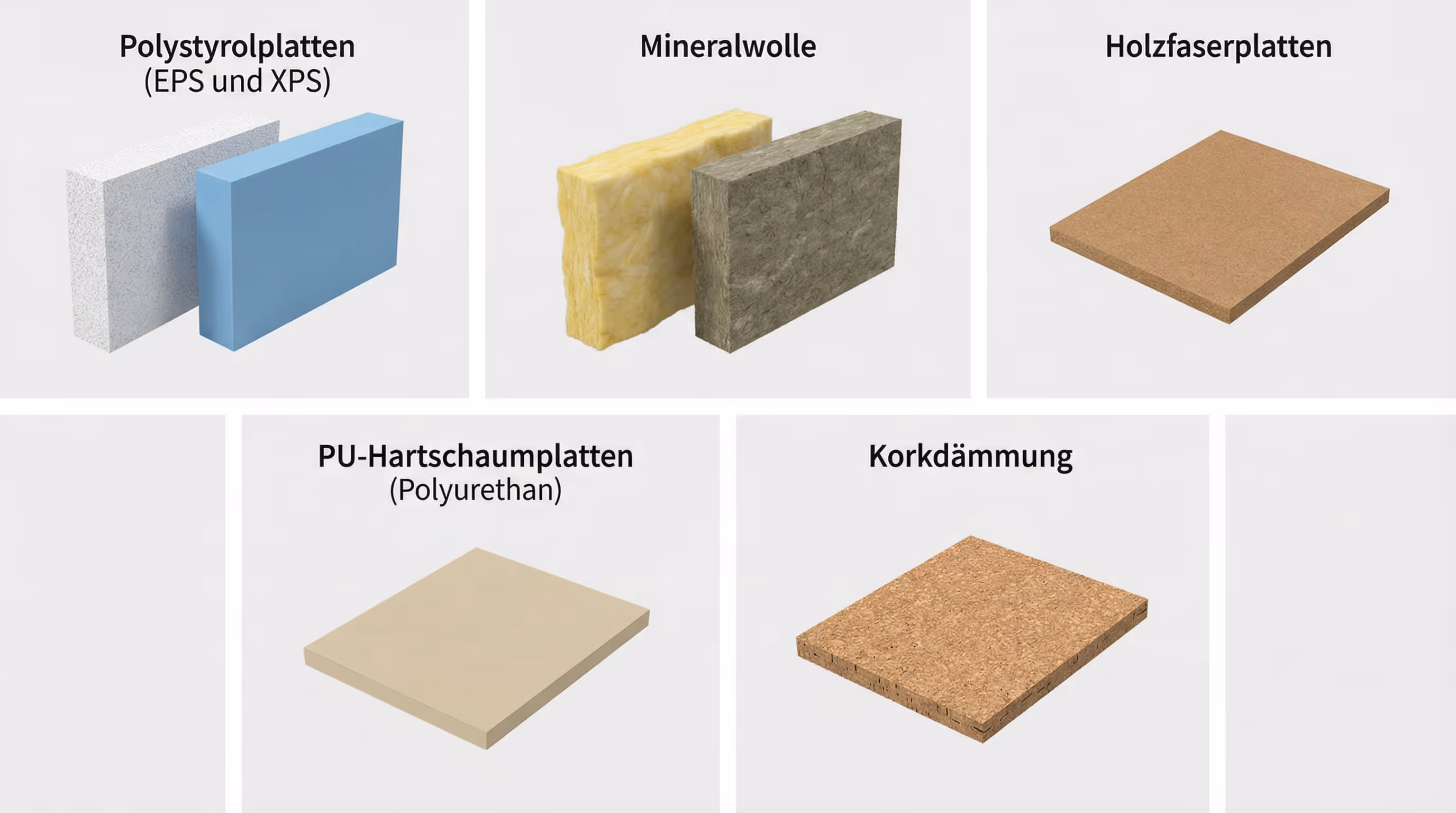 Übersicht verschiedener Dämmstoffe für die Kellerdeckendämmung, darunter EPS- und XPS-Polystyrolplatten, Glaswolle, Steinwolle, Holzfaserplatten, PU-Hartschaum und Korkisolierung.