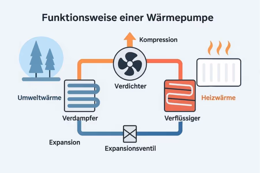 Die Grafik zeigt anschaulich den Wärmepumpen-Kreislauf: Umweltwärme wird über den Verdampfer aufgenommen, im Kompressor verdichtet und als Heizwärme an das Gebäude abgegeben – effizient und nachhaltig.