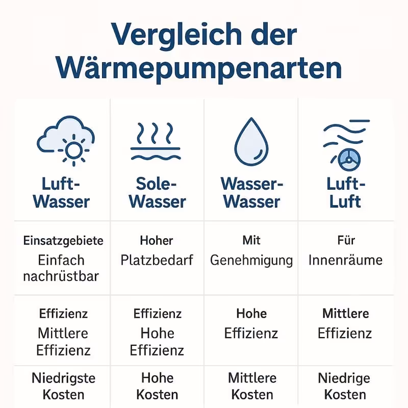 Vergleichstabelle der Wärmepumpenarten Luft-Wasser, Sole-Wasser, Wasser-Wasser und Luft-Luft mit Einsatzgebieten, Effizienz und Kosten.