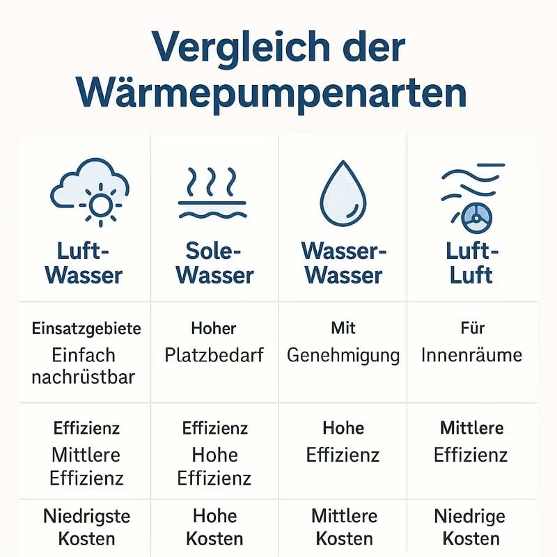 Vergleichstabelle der Wärmepumpenarten Luft-Wasser, Sole-Wasser, Wasser-Wasser und Luft-Luft mit Einsatzgebieten, Effizienz und Kosten.