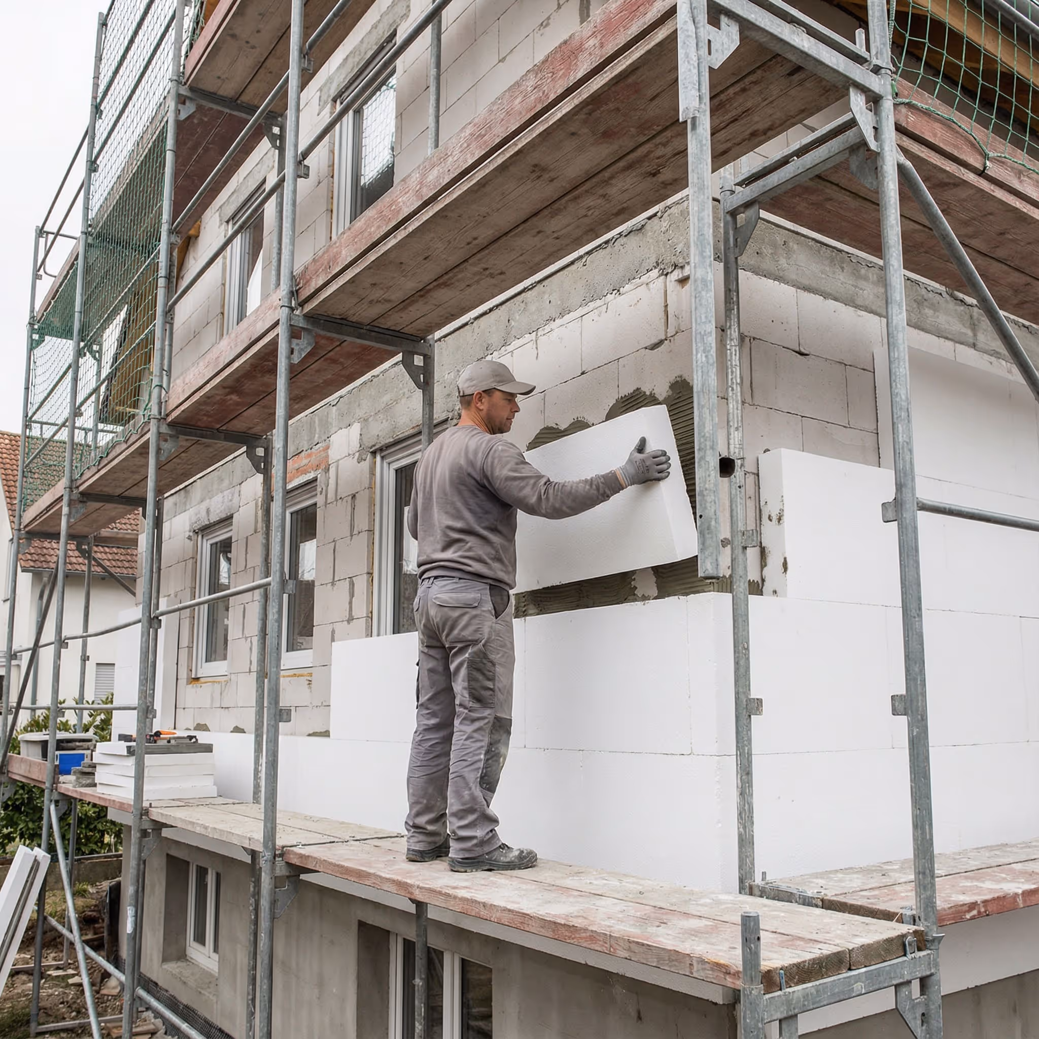 Ein Handwerker montiert eine Dämmplatte an der Außenfassade eines Gebäudes.