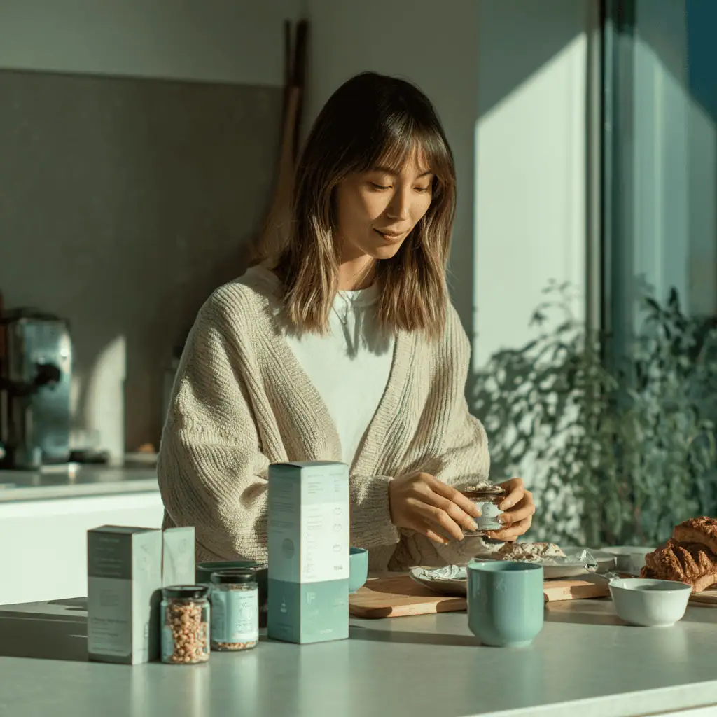 Woman working on a laptop with AI data visualizations overlaid — representing AI-powered product research with theconsumer.ai