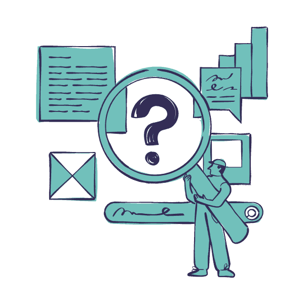 Illustration of a researcher examining data through a magnifying glass with a question mark, symbolizing market exploration and consumer insight discovery.