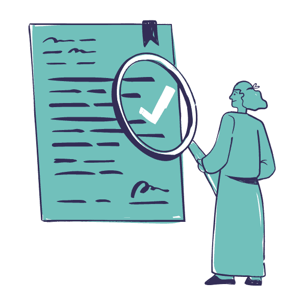 Illustration of a person analyzing a document with a magnifying glass and check mark, representing data validation and verified research findings.