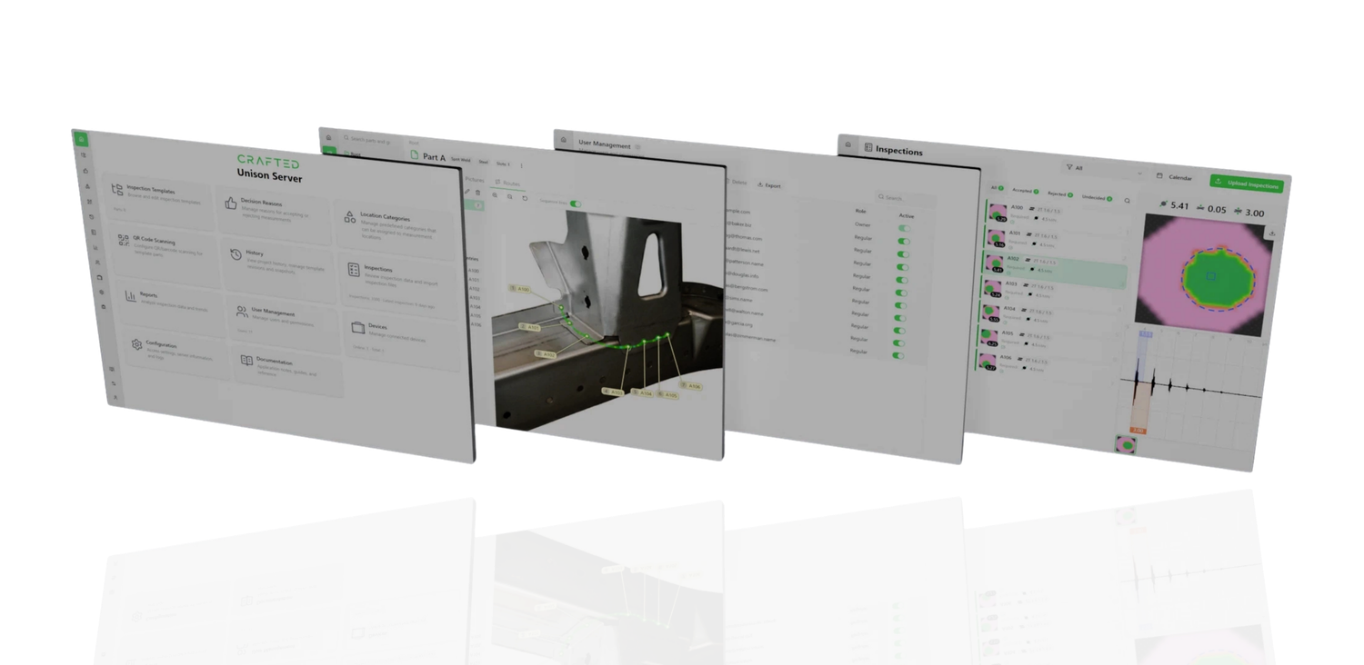Unison Server screens — templates, routes, user management and inspection review
