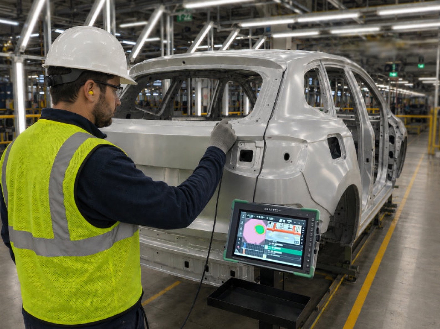 Operator inspecting welds on a car body directly on the assembly line with the A25