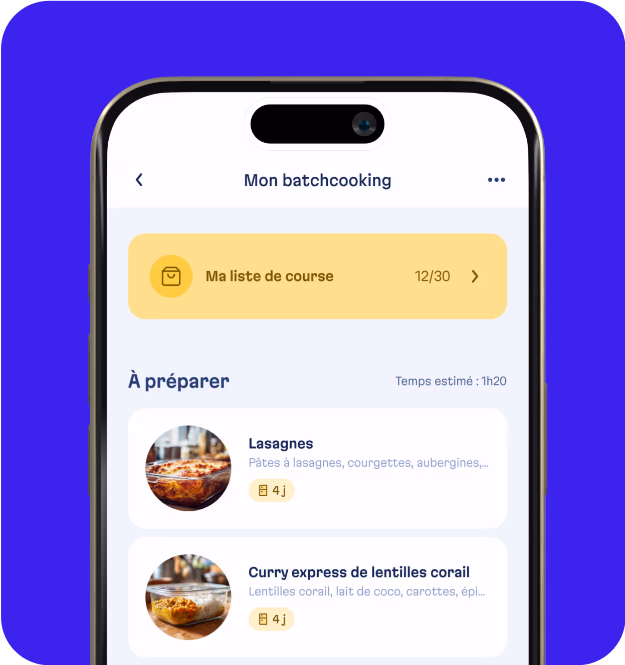 Écran de l’app Basta affichant la liste de courses automatique générée à partir des recettes sélectionnées.