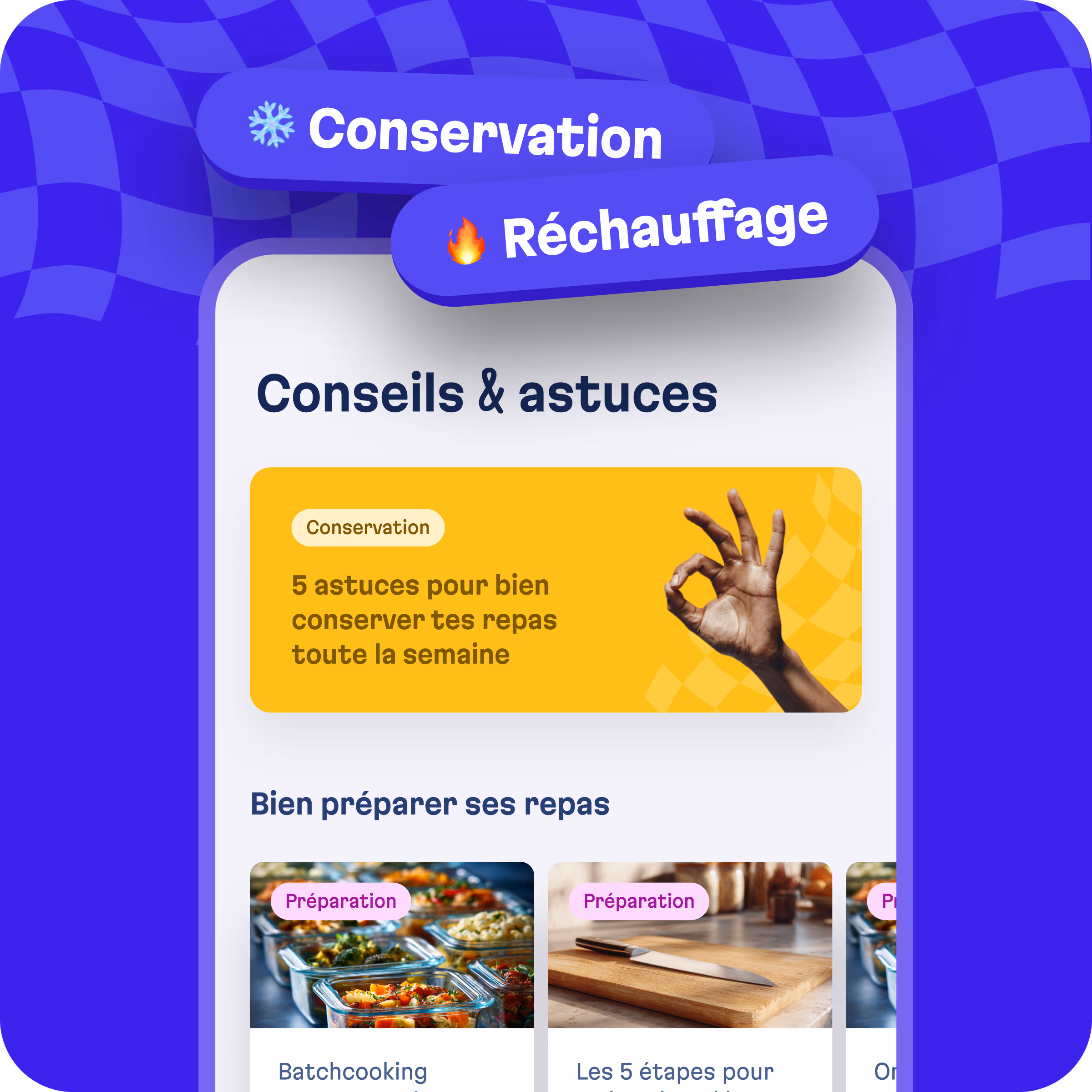 Interface de l’app Basta présentant des conseils et astuces pour conserver et réchauffer ses plats toute la semaine