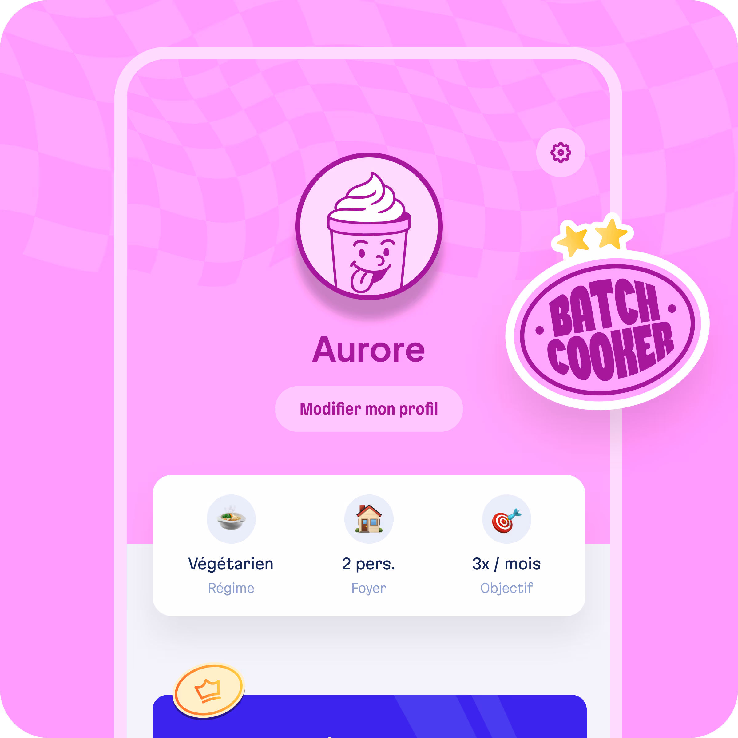 Écran de profil dans l’app Basta, affichant un avatar et les préférences utilisateur comme régime végétarien, nombre de personnes et fréquence de batchcooking.