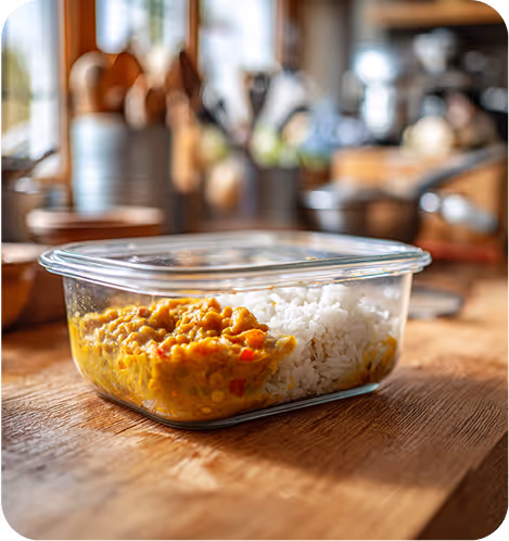 un tupperware d'une recette de batchcooking de dahl de lentilles avec du riz blanc