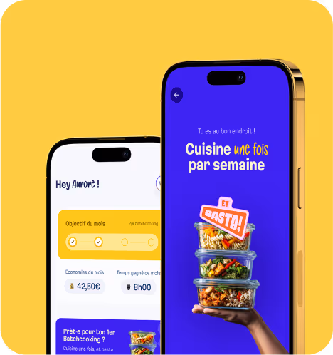 Deux écrans de l’application Basta Batchcooking affichant le tableau de bord et le slogan Cuisine une fois par semaine, et basta !