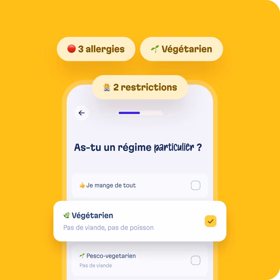 Écran de l’app Basta permettant de choisir son régime alimentaire et de signaler ses allergies ou restrictions