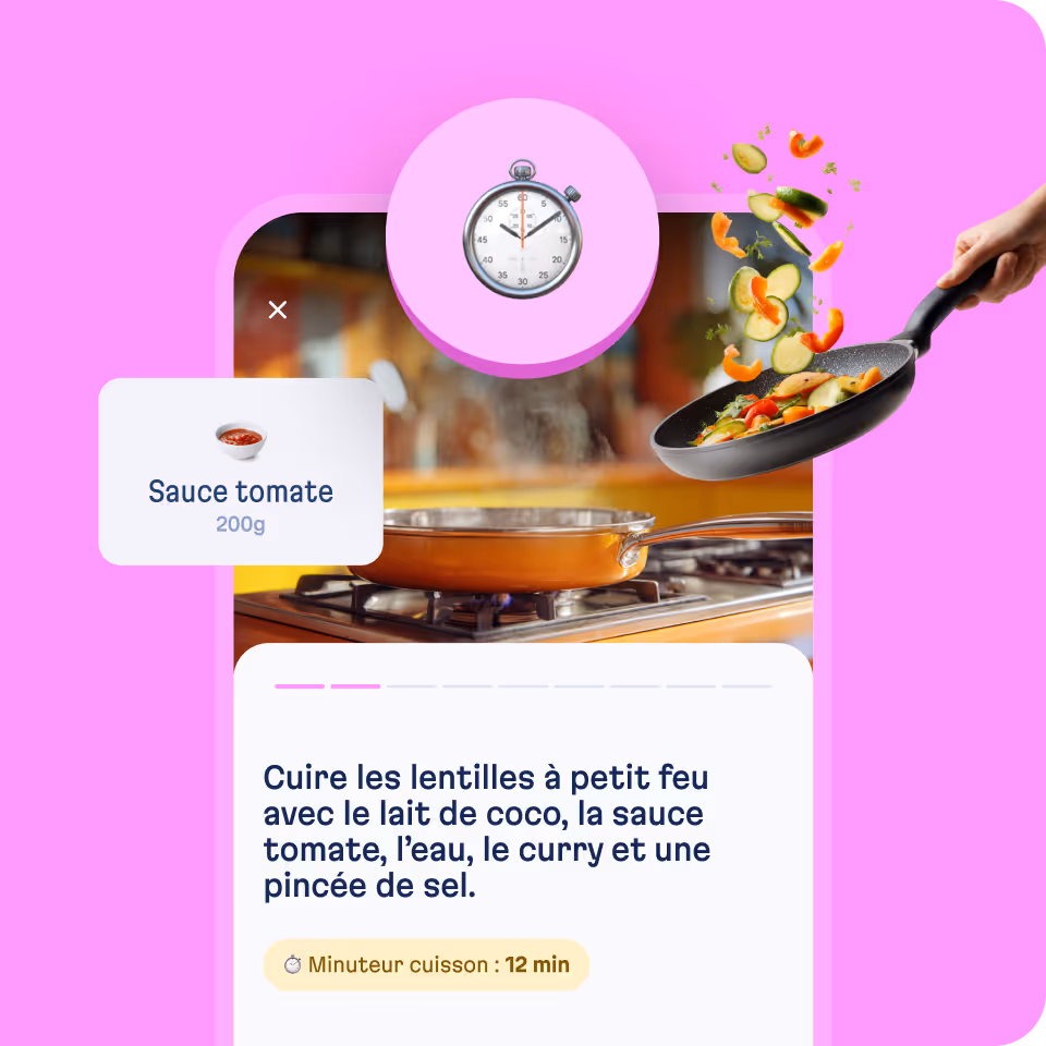 Écran de recette guidée dans l’app Basta, avec étapes de cuisson et minuteur intégré pour le batchcooking.