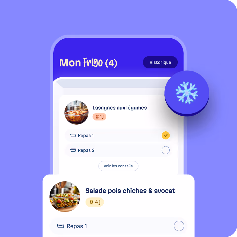 Écran Mon Frigo de l’app Basta, listant les plats préparés et leur durée de conservation