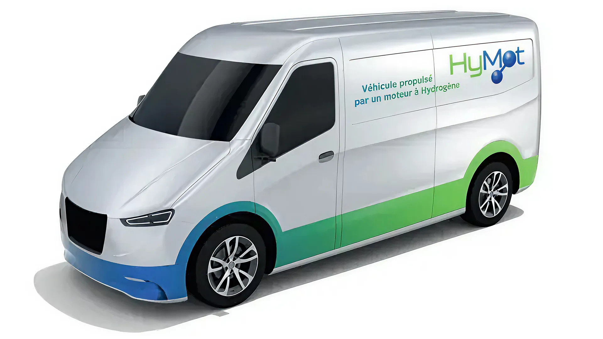 White utility vehicle with blue and green accents, marked HyMot and text indicating a hydrogen engine.