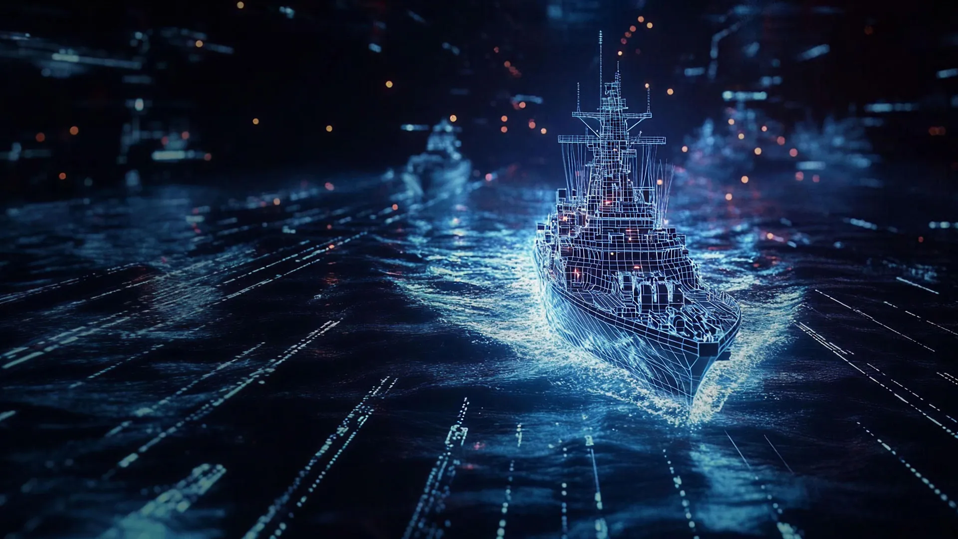 Modèle numérique bleu d'un navire de guerre naviguant sur une mer sombre avec des effets lumineux futuristes.