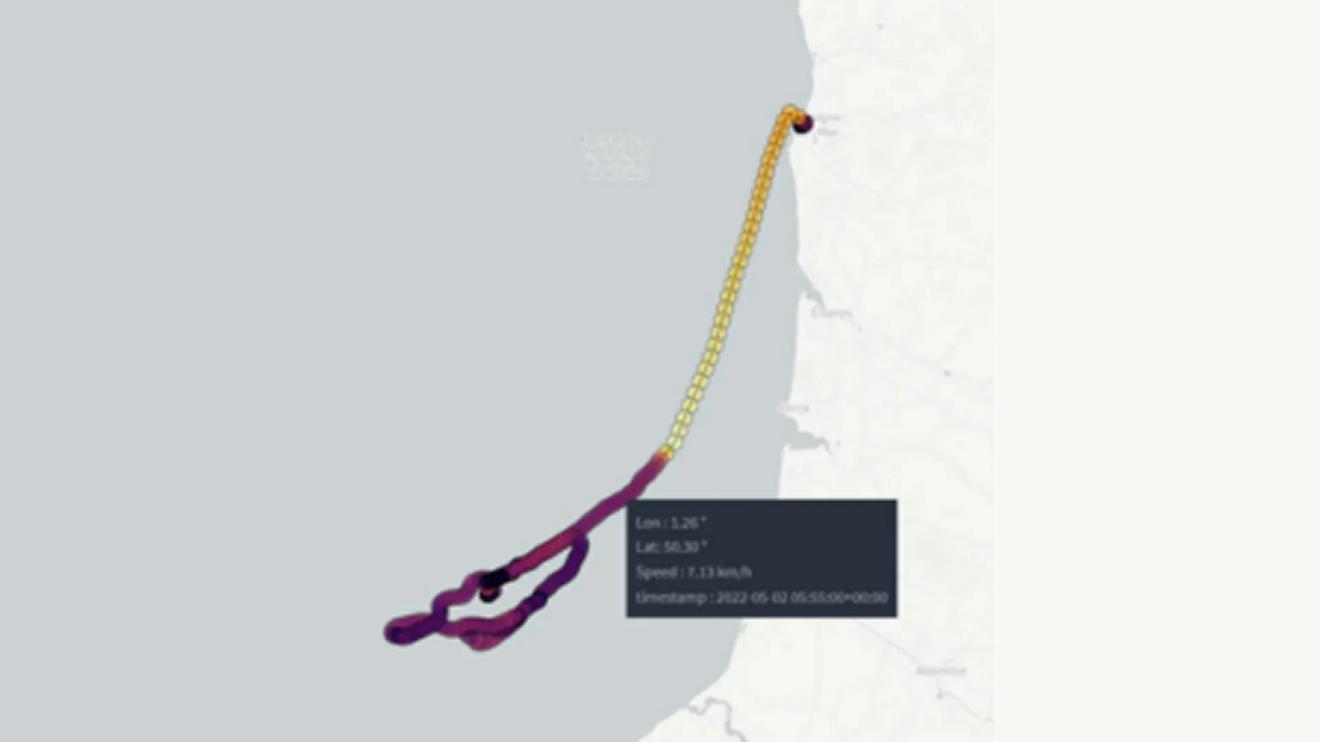 Map showing the colored path of a ship along the coast, with a box showing longitude, latitude, speed, and a timestamp.
