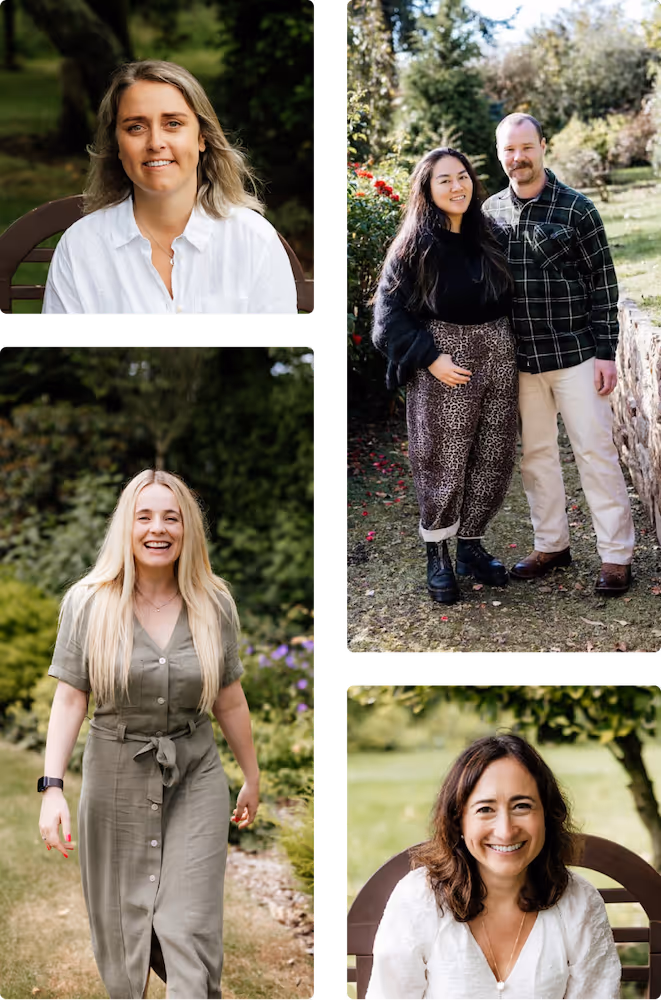 Collage of four outdoor portraits showing diverse adults smiling and posing in garden settings.
