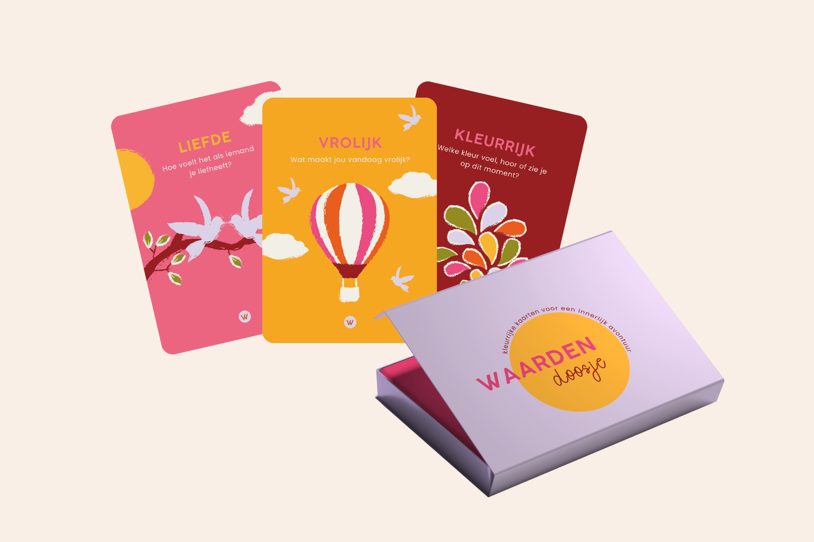 Waardendoosje verpakking en voorbeeld van drie kaarten