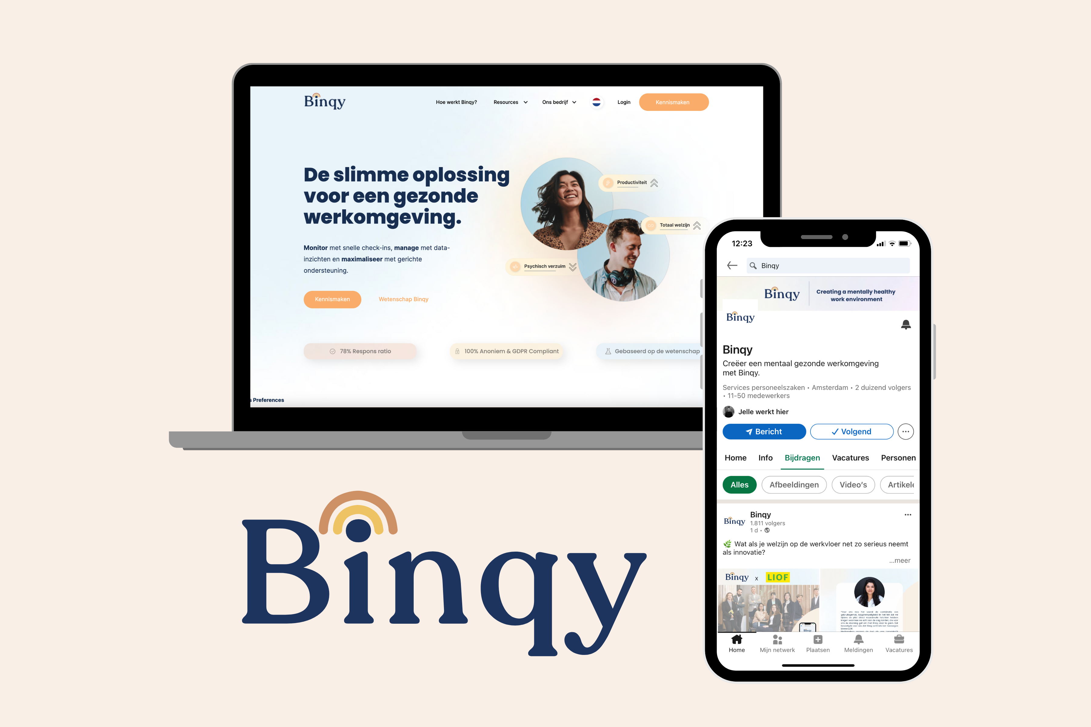 Binqy Logo op website en social media