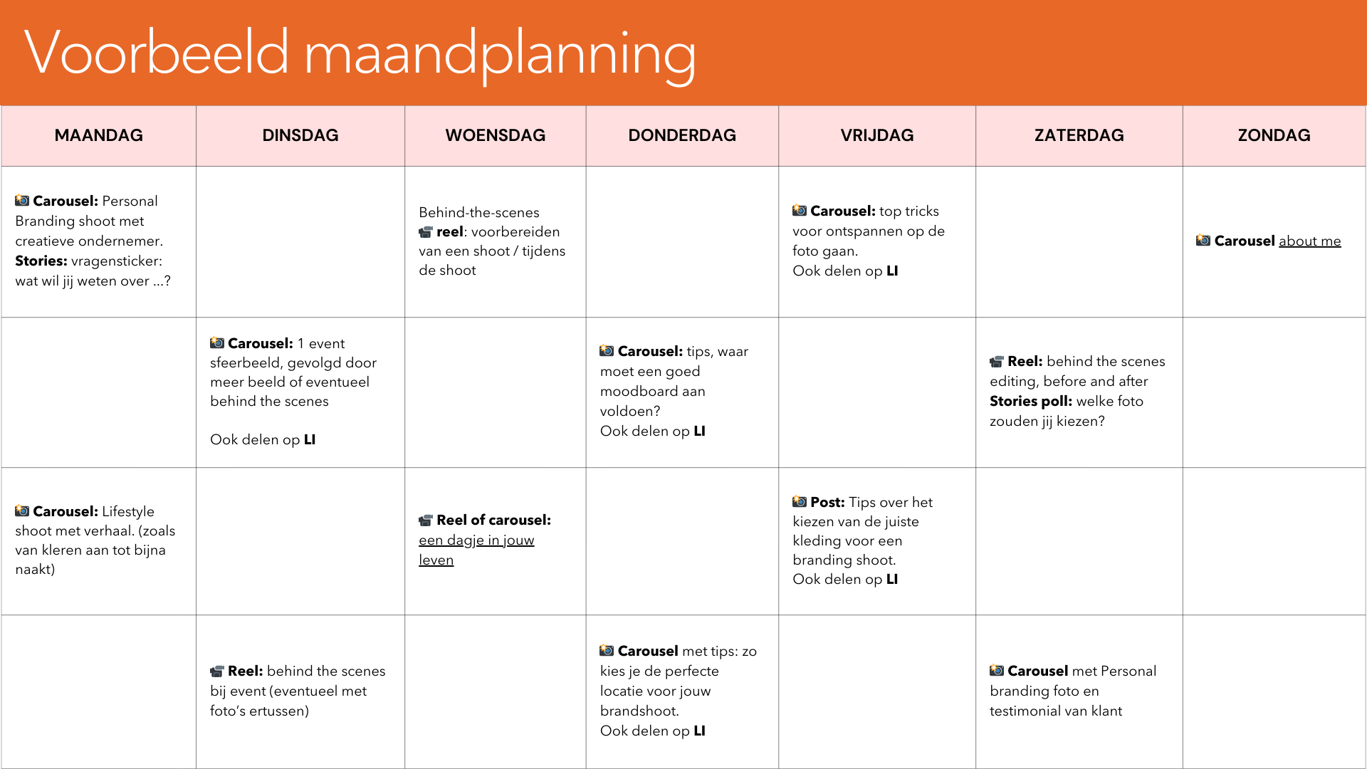 Voorbeeld van ingevulde contentkalender uit het strategie plan van Joanne de Lijster.