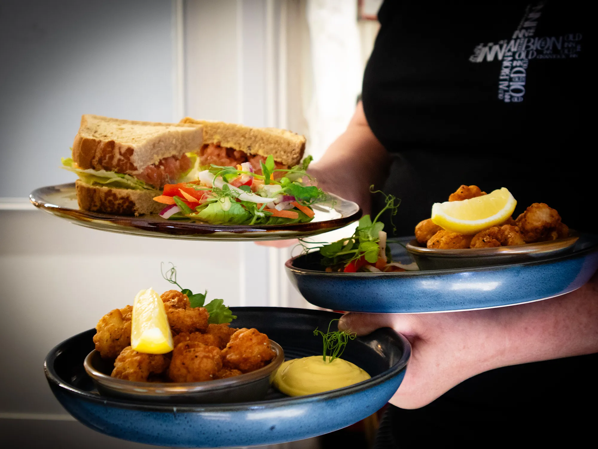 Person holding plates with fried food topped with lemon wedges and a sandwich with salad.
