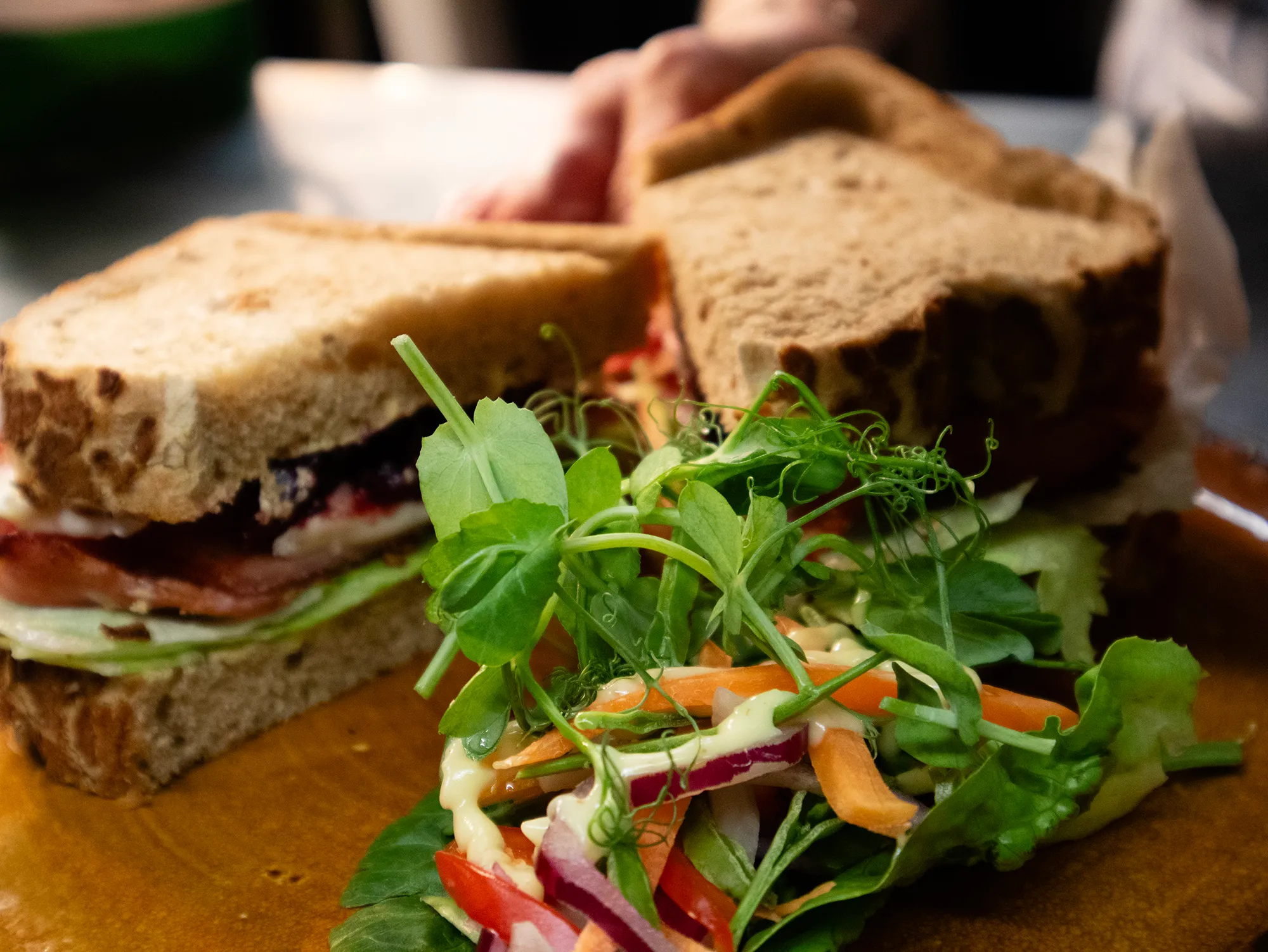 Two halves of a sandwich made with whole grain bread, lettuce, bacon, and a dark spread, served with a fresh mixed salad of greens, carrots, red onion, and dressing on a brown plate.