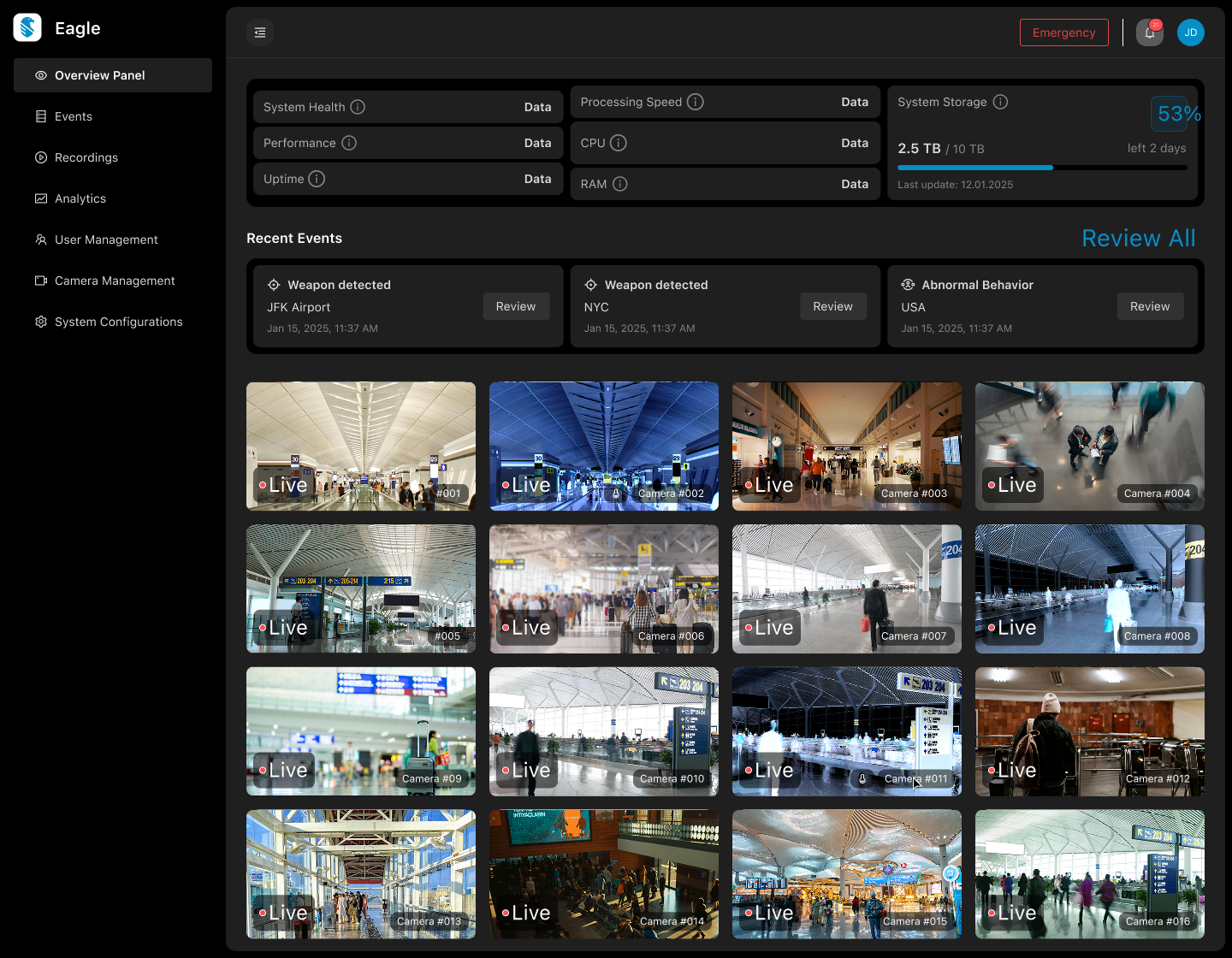 Monitor all events, logs, and recordings from a single, centralized panel.