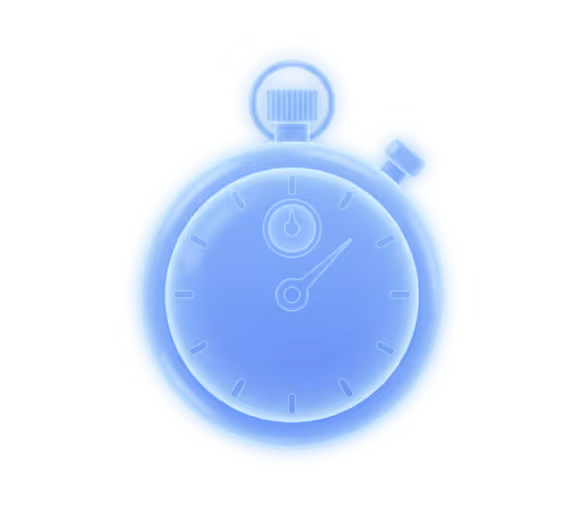 Blue glowing stopwatch icon with a transparent background.