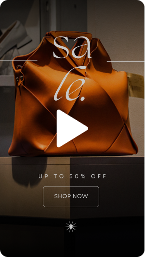Short-form video thumbnail for a leather handbag sale, up to 50% off, with a Shop Now button