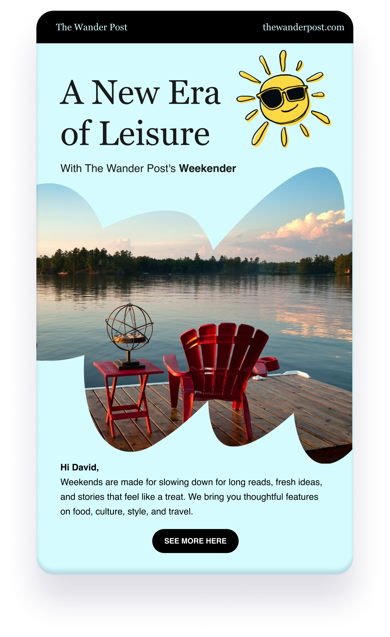 Mobile newsletter email for The Wander Post titled 'A New Era of Leisure' with a red chair on a lake dock