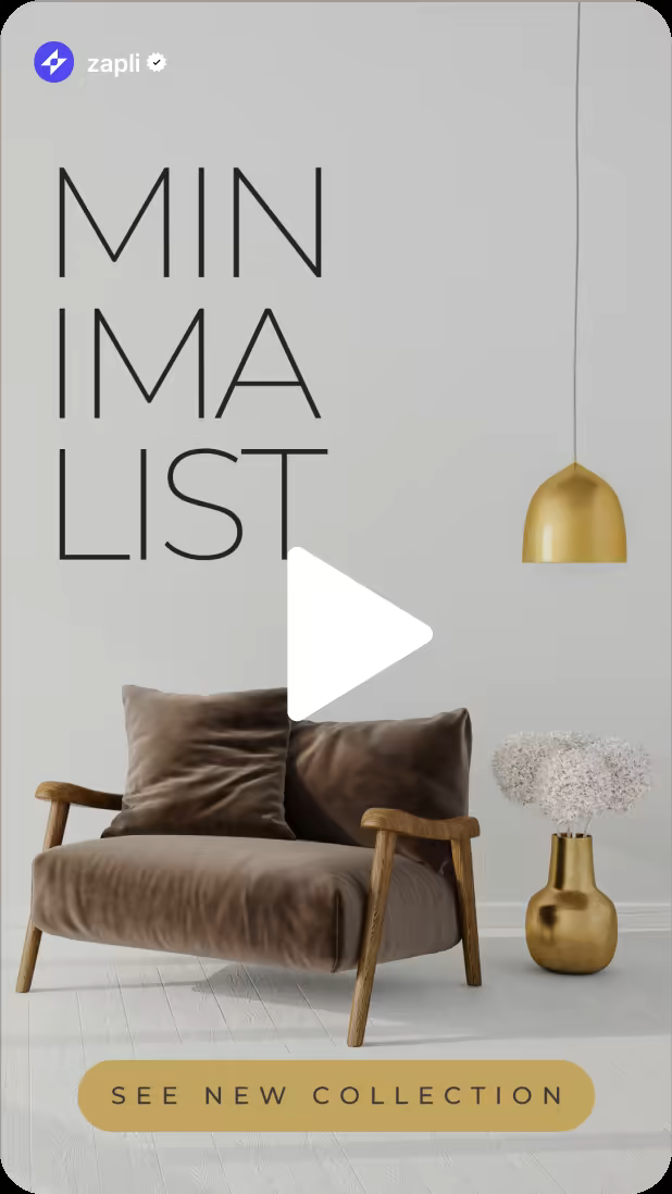 Instagram story video for a furniture brand's minimalist collection showing a brown velvet armchair