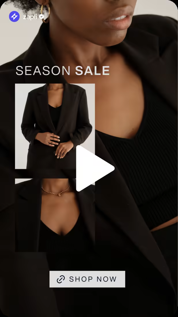 Instagram story video for a fashion brand's Season Sale featuring a black blazer and a Shop Now button