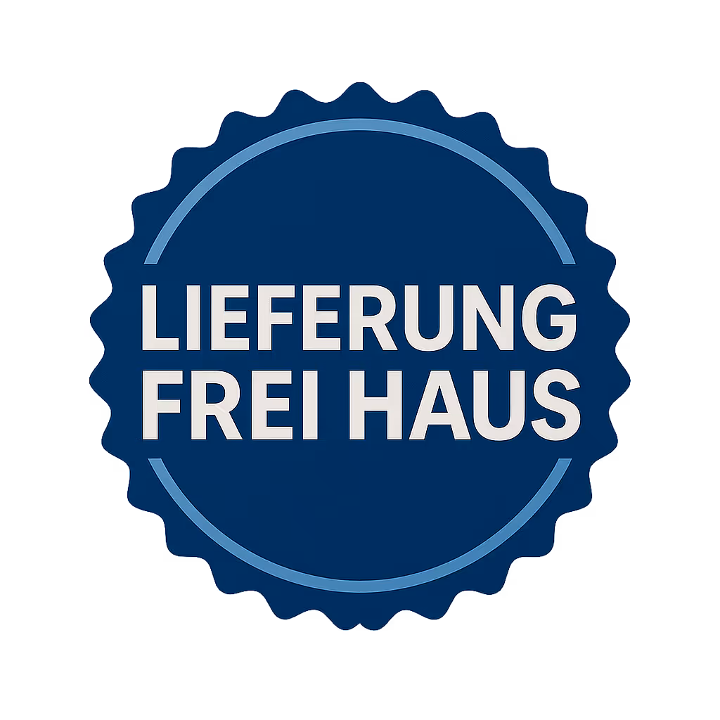 Blauer runder Stempel mit gezacktem Rand und der Aufschrift „Lieferung frei Haus“ in Weiß.