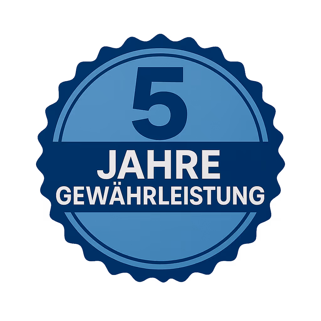 Blaues Siegel mit der Aufschrift '5 Jahre Gewährleistung'.