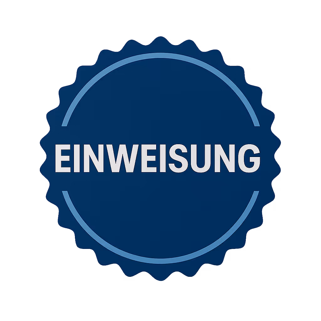 Blauer runder Siegelstempel mit gezacktem Rand und dem Wort ‚EINWEISUNG‘ in der Mitte.