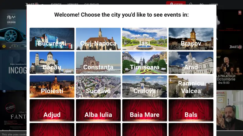 Screenshot of bilet.ro, where buyers choose a city to see events