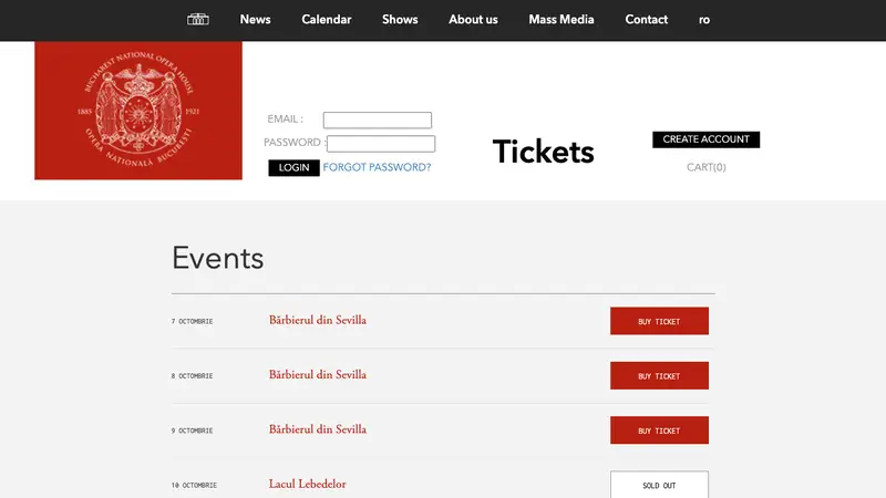 Screenshot of the Romanian National Opera ticket site listing performances