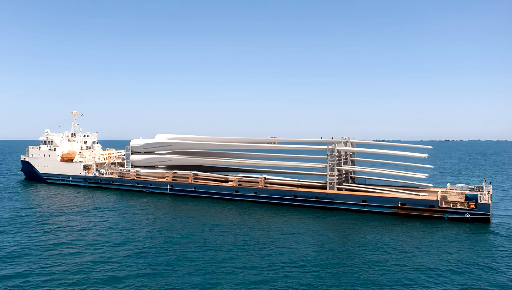 Cargo ship carrying multiple large white wind turbine blades on the deck sailing on calm ocean water.